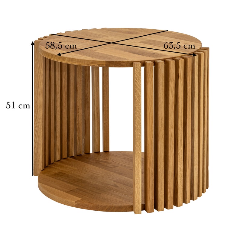 May include: A round wooden side table with a slatted design. The table measures 23 inches in diameter and 20 inches in height.