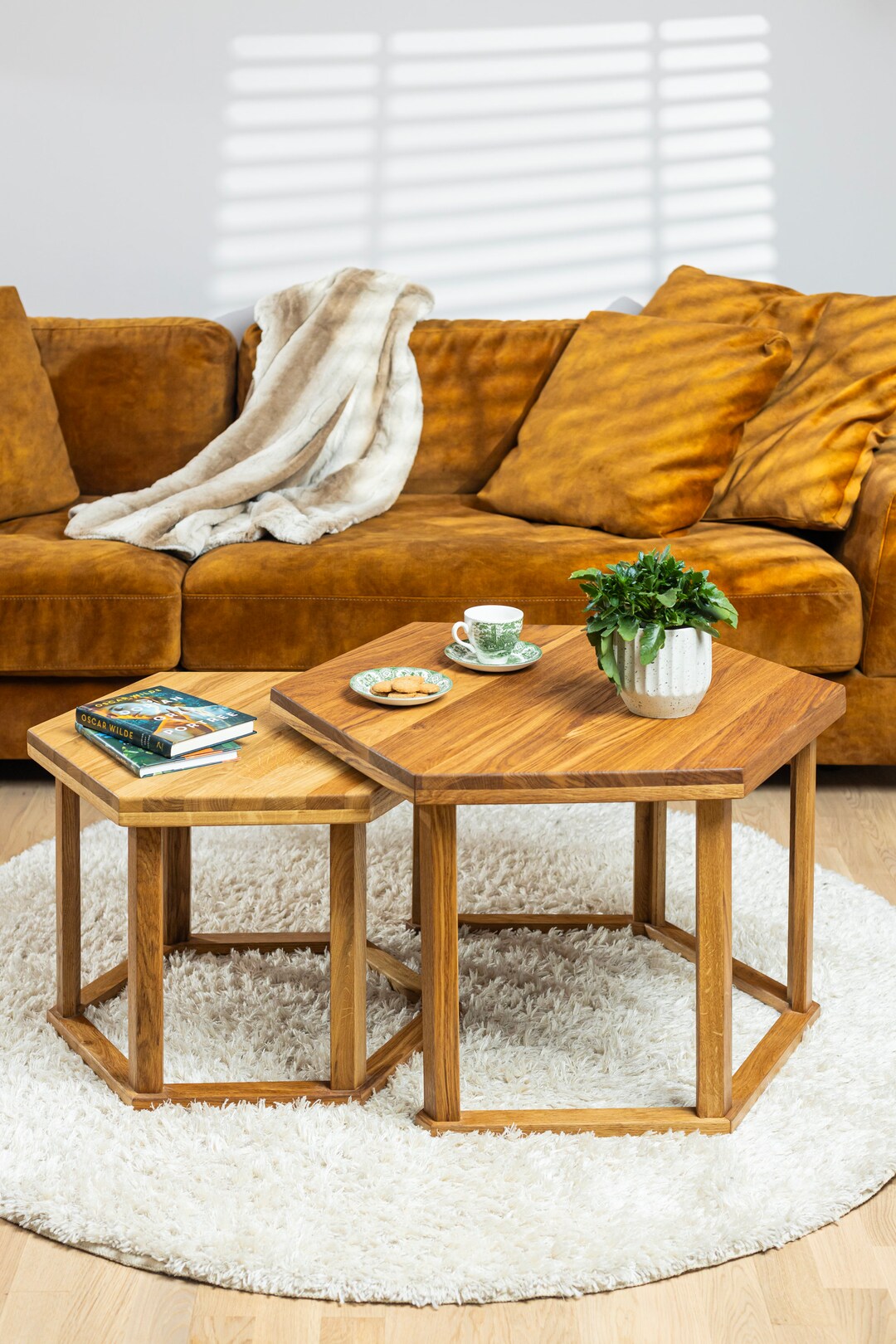 Hexagon Nesting Coffee Table, Hexagon Solid Oak Wood Coffee Table Set, Modern Coffee Table Set ...