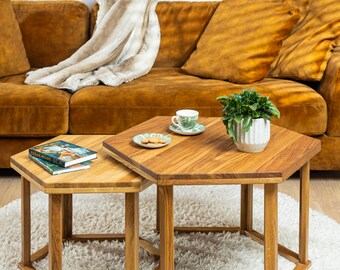 Hexagon Nesting Coffee Table, Hexagon Solid Oak Wood Coffee Table Set, Modern Coffee Table Set, Solid Oak Coffee Table,