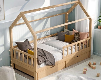 Lit Montessori 90 x 200 avec tiroirs, Lit tout-petit, Lit en bois massif, Lit à baldaquin, Lit cabane, Montessori Bett, Haus Bett mt schubladen