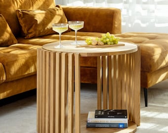 Solid Oak Wood Living Room Table, Fluted Round Coffee Table, Slatted Japandi Accent Table