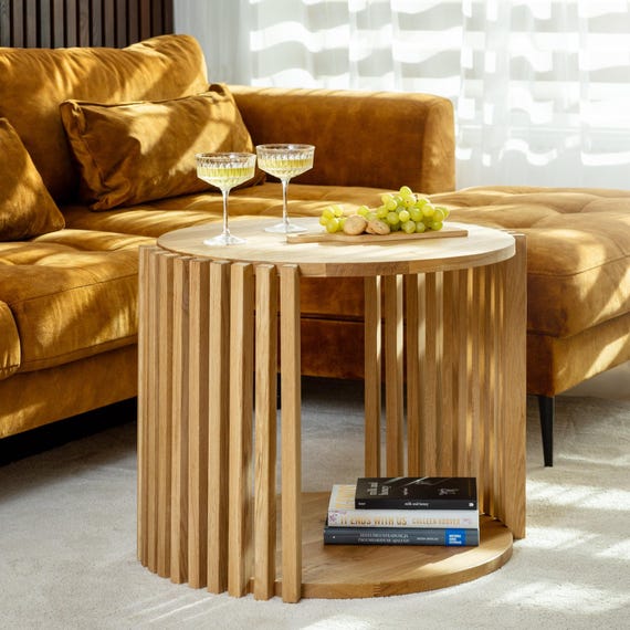 Natural Solid Oak Wood Living Room Table, Fluted Round Coffee Table, Accent Table