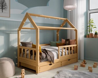 Montessori Bed 80x160 with Drawers, Toddler Bed, Solid Wood Bed, Canopy Bed, House Bed, Montessori Bett, Haus Bett mit schubladen
