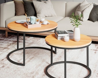 Round Nesting Coffee Table, Round Wood Coffee Table Set, Modern Coffee Table Set, Solid Oak Coffee Table, Solid Oak and Metal Coffee Table