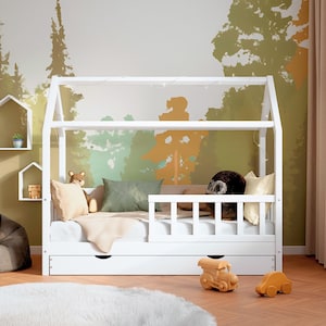 Lit cabane pour tout-petit Montessori en bois de pin massif (90 x 200) avec tiroirs, lit pour tout-petit avec lit gigogne image 8