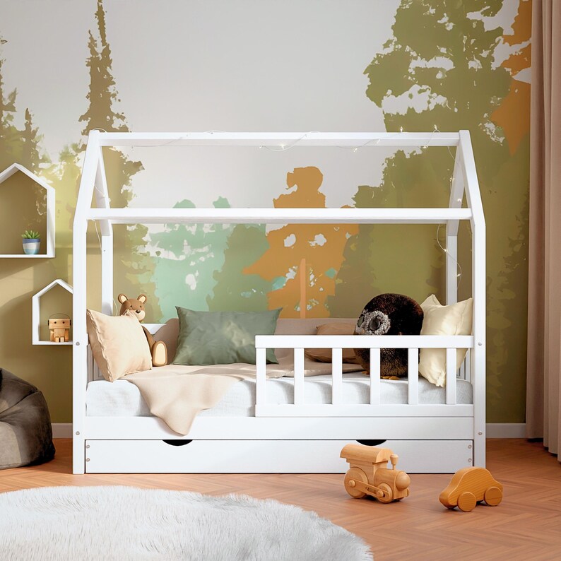Lit cabane pour tout-petit Montessori en bois de pin massif (90 x 200) avec tiroirs, lit pour tout-petit avec lit gigogne image 8