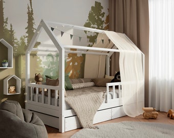 Cama Montessori de 90 x 200 con cajones, cama para niños pequeños, cama de madera maciza, cama con dosel, cama de casa, cama Montessori, cama de madera para niños mt schubladen