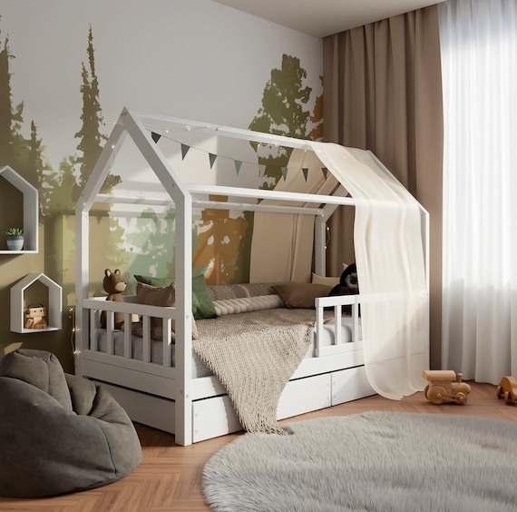 Montessori Solid Pine Wood Toddler House Bed (90x200) with pull out drawers, toddler bed with trundle bed