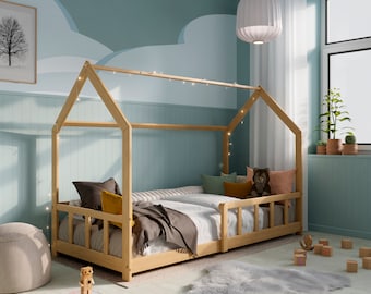 Lit au sol Montessori avec lattes de 90 x 200, Lit bébé en bois massif, Lit cabane, Montessori Bett, Kinderbett, Lit au sol avec barrières, Himmelbett