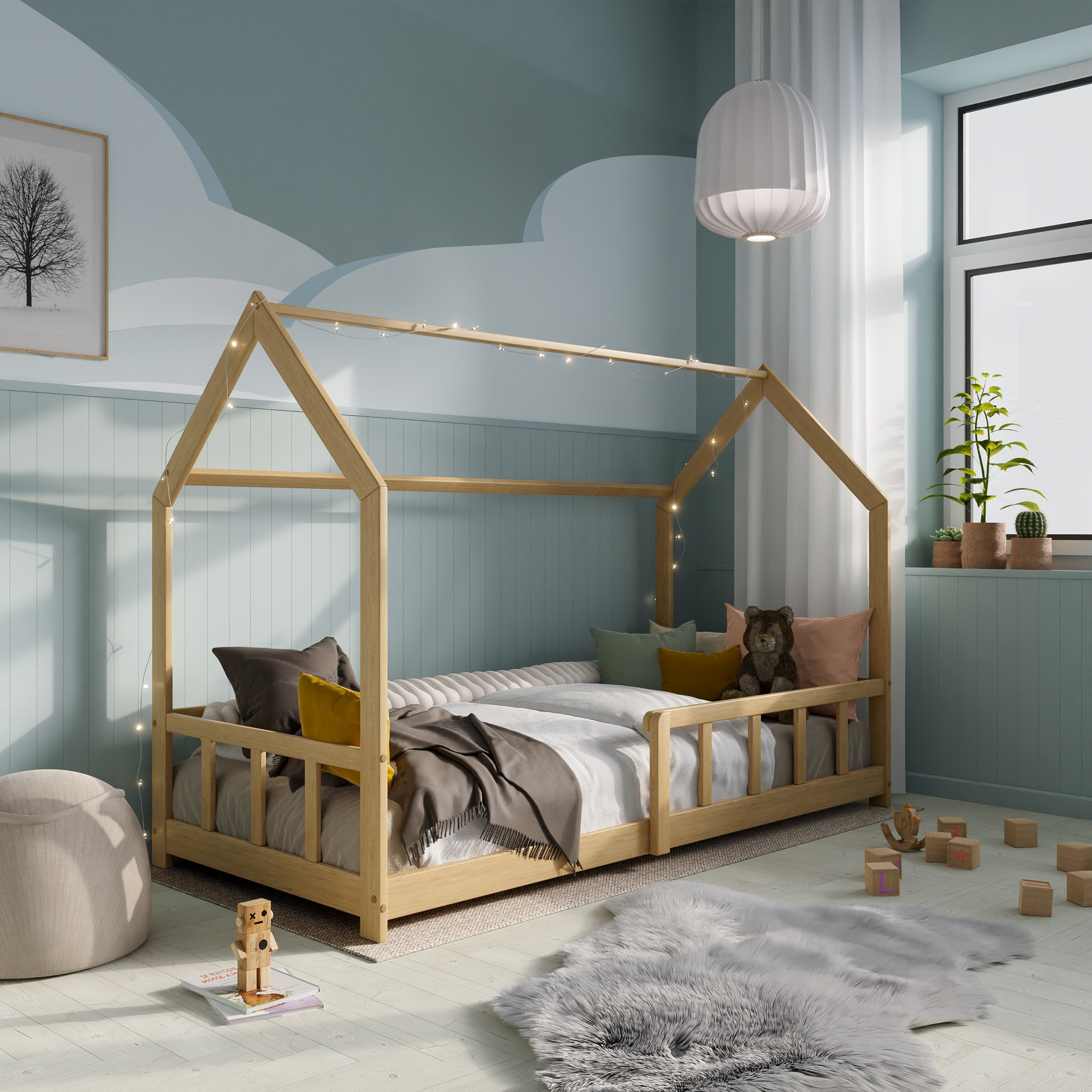 Montessori Floor Bed with slats 90x200, Solid Wood Toddler Bed, House Bed, Montessori Bett, Kinderbett, Floor Bed with Rails, Himmelbett