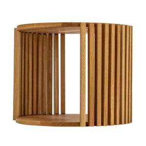 May include: A round wooden side table with a slatted design. The table is made of natural wood and has a light brown finish.