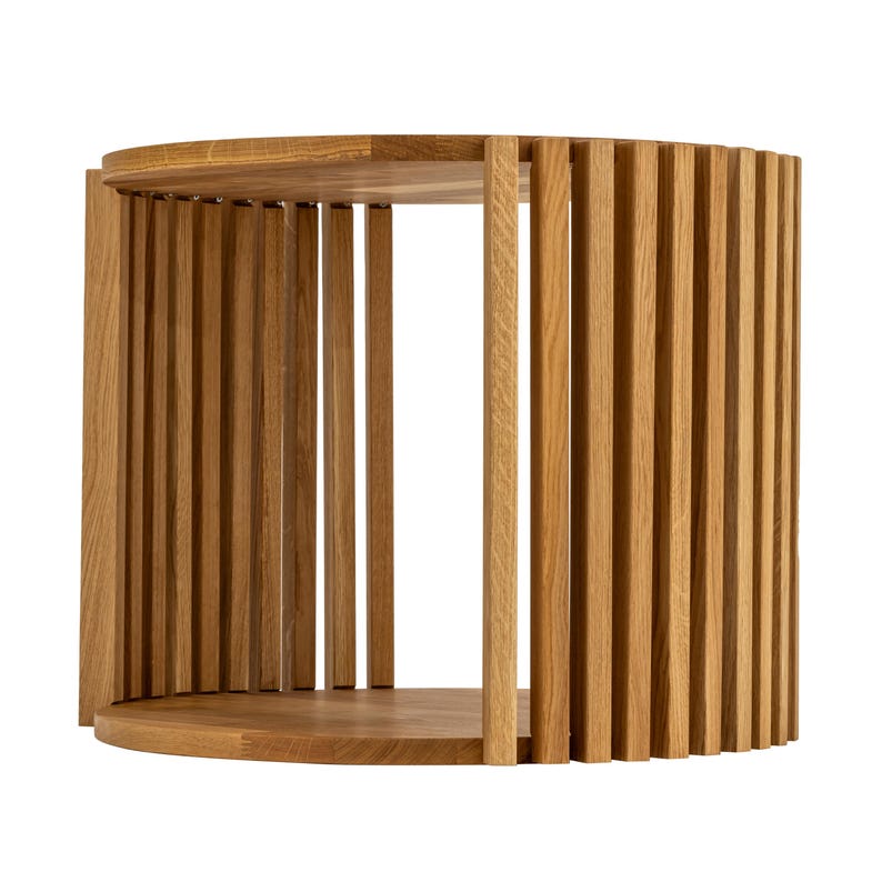 May include: A round wooden side table with a slatted design. The table is made of natural wood and has a light brown finish.
