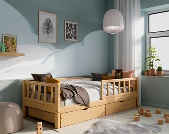 Canopy Bed with Drawers 90x200, Toddler Bed, Solid Wood Bed, Montessori bed Drawers, House Bed, Montessori Bett, Haus Bett mit schubladen