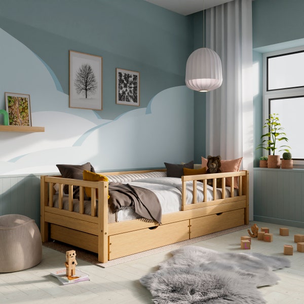 Cama con dosel con cajones 90x200, cama para niños pequeños, cama de madera maciza, cajones de cama Montessori, cama de casa, Montessori Bett, Haus Bett mit schubladen