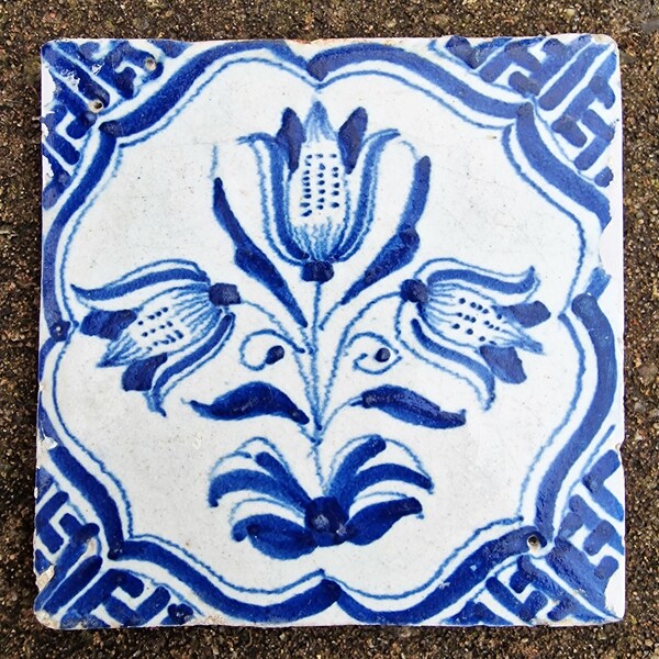 Comes With COA, Antique Dutch Tulip Tile Delft Blue Holland 17th century antiques tinglazed earthenware tile