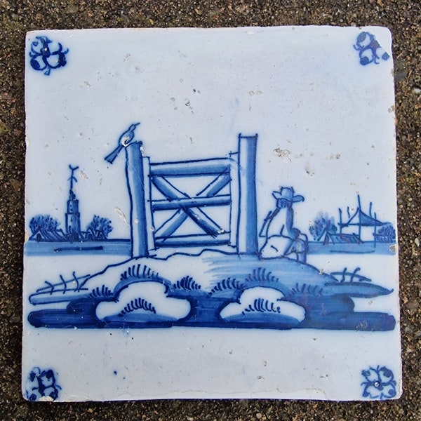 Comes With COA, Antique Dutch Tile Delft Blue Holland, around 1870, 19th tinglazed earthenware tile, landscape scenery, lovely scene