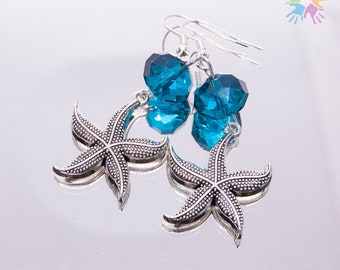 Pendientes de cristal hechos a mano, pendientes de estrella de mar azul, pendientes estilo mar