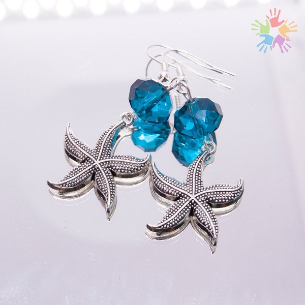 Handmade crystal earrings, starfish blue earrings, sea style earrings