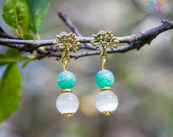 Handmade cat's eye and agate earrings, beautiful earrings, tree of life earrings, small earrings, gift for woman, bridal earrings