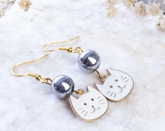 Handmade silver hematite cat earrings, kawaii cat earrings, funny cat, white cat earrings, cat jewelry, enamel cat, gift for cat lovers