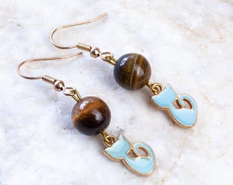 Handmade tiger's eye cat earrings, beautiful blue cat earrings, enamel cat earrings, gemstone earrings, cat jewelry, gift for her