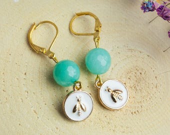Handmade agate enamel earrings, semi-precious stone earrings, bee earrings, agate earrings, insect earrings, blue earrings, gift for her
