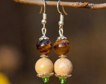Handmade unique jasper and bull's eye earrings, beautiful elegant earrings, nature earrings, brown earrings, eco earrings, gift for woman