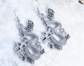 Handmade metal earrings, statement jewelry earrings, dragon earrings, fantasy earrings, silver color earrings, fairy earrings, gift for her
