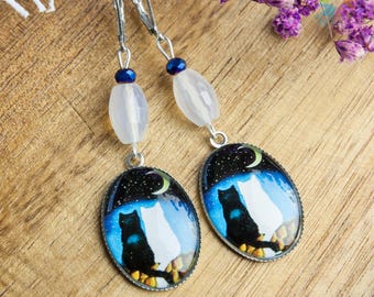 Handmade unique white agate and glass earrings, two cats earrings, white cat earrings, black cat earrings, moon earrings, cats love earrings