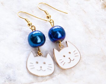 Handmade blue hematite cat earrings, kawaii cat earrings, funny cat, white cat earrings, cat jewelry, enamel cat, gift for cat lovers