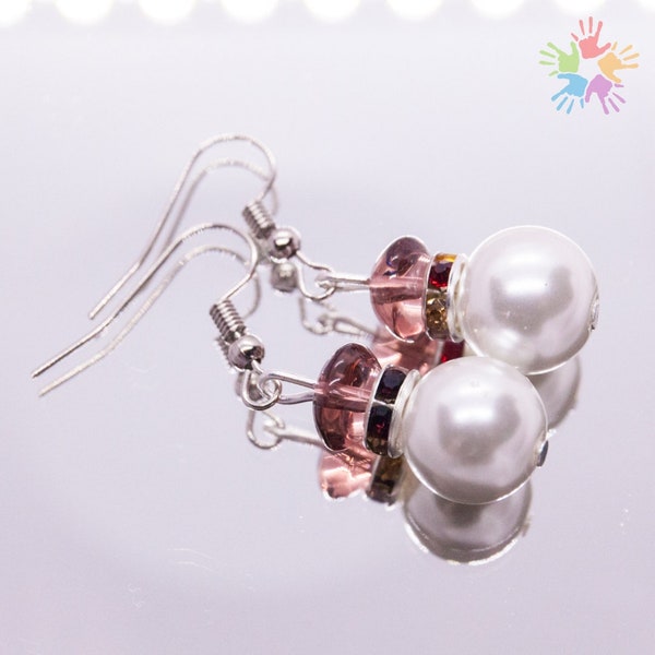 Handmade glass earrings, beautiful elegant white and purple earrings