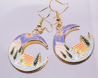 Forest moon handmade enamel earrings, beautiful travel earrings
