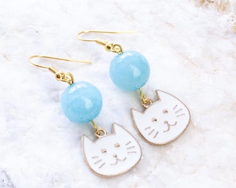 Handmade jade cat earrings, beautiful blue jade cat earrings, kawaii cat earrings, funny cat, white cat earrings, cat jewelry, enamel cat