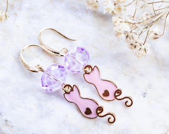 Handmade Czech crystal cat earrings, beautiful pink cat earrings, tiny cat earrings, pink crystal earrings, cat jewelry, enamel cat