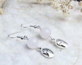 Handmade rose quartz earrings, beautiful metal cat earrings, kitten earrings, metal earrings, pink earrings, gift for her, tiny cat