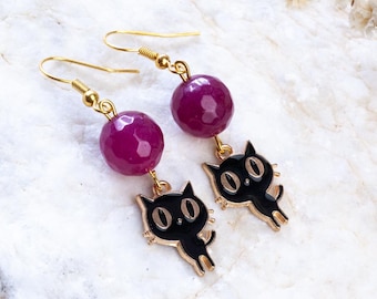 Handmade agate cat earrings, beautiful red agate cat earrings, kawaii cat earrings, funny cat, black cat earrings, cat jewelry, enamel cat