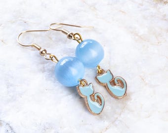 Handmade cat's eye cat earrings, beautiful blue cat earrings, enamel cat earrings, blue cat's eye earrings, cat jewelry, gift for her