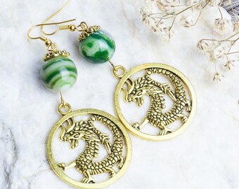 Handmade agate earrings, semi-precious stone earrings, dragon earrings, fantasy earrings, green agate earrings, fairy earrings, gift for her