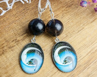 Handmade unique black tourmaline and glass earrings, sleeping cat earrings, moon earrings, black cat earrings, blue earrings