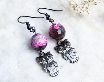 Handmade agate earrings, semi-precious stone earrings, black earrings, black owl earrings, bird earrings, gift for her, gift for woman