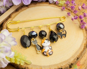 Handmade unique black cat gemstone and crystal brooch