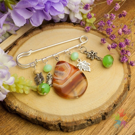 Broche Ancienne En Agate - Bijou Vintage Occasion, Pierre Naturelle, Fabriqué En France
