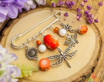 Handmade semi-precious stone brooch, orange brooch, gemstone brooch, artisan jewelry, agate brooch, dragonfly brooch, butterfly brooch