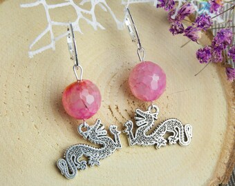 Handmade agate earrings, semi-precious stone earrings, dragon earrings, fantasy earrings, pink red earrings, fairy earrings, gift for her