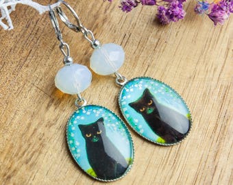 Handmade unique Austrian crystal and glass earrings, black cat earrings, blue earrings, black earrings, serious cat earrings