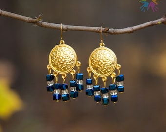 Handmade blue hematite earrings, beautiful elegant earrings, chandellier earrings, blue earrings, golden earrings, gift for woman