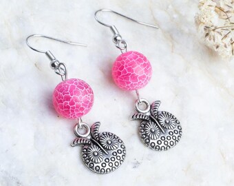 Handmade agate earrings, semi-precious stone earrings, red earrings, kawaii owl earrings, bird earrings, gift for her, gift for woman