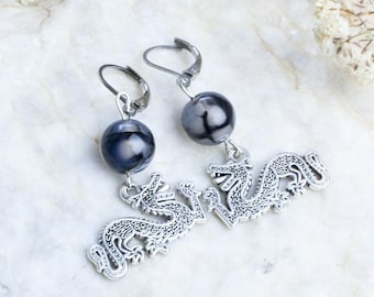 Handmade agate earrings, semi-precious stone earrings, dragon earrings, fantasy earrings, black agate earrings, fairy earrings, gift for her