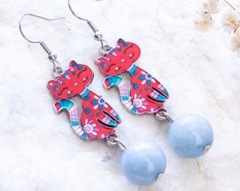 Handmade aquamarine cat earrings, beautiful colorful cat earrings, cartoon cat earrings, flower cat earrings, cat jewelry, enamel cat