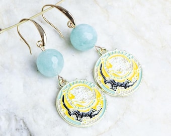 Handmade agate cat earrings, beautiful black and white cat earrings, art nouveau cat earrings, two cats earrings, cat jewelry, enamel cat